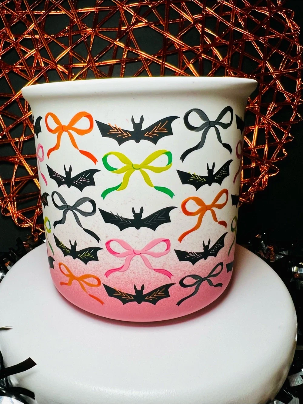 Halloween Pink Ombré Mug Ribbon Bows & Black Vampire Bats Stoneware